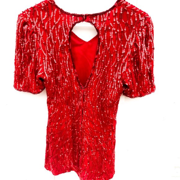 vintage red sequin dress v-neckline & back cutout 100% pure silk - Picture 7 of 7